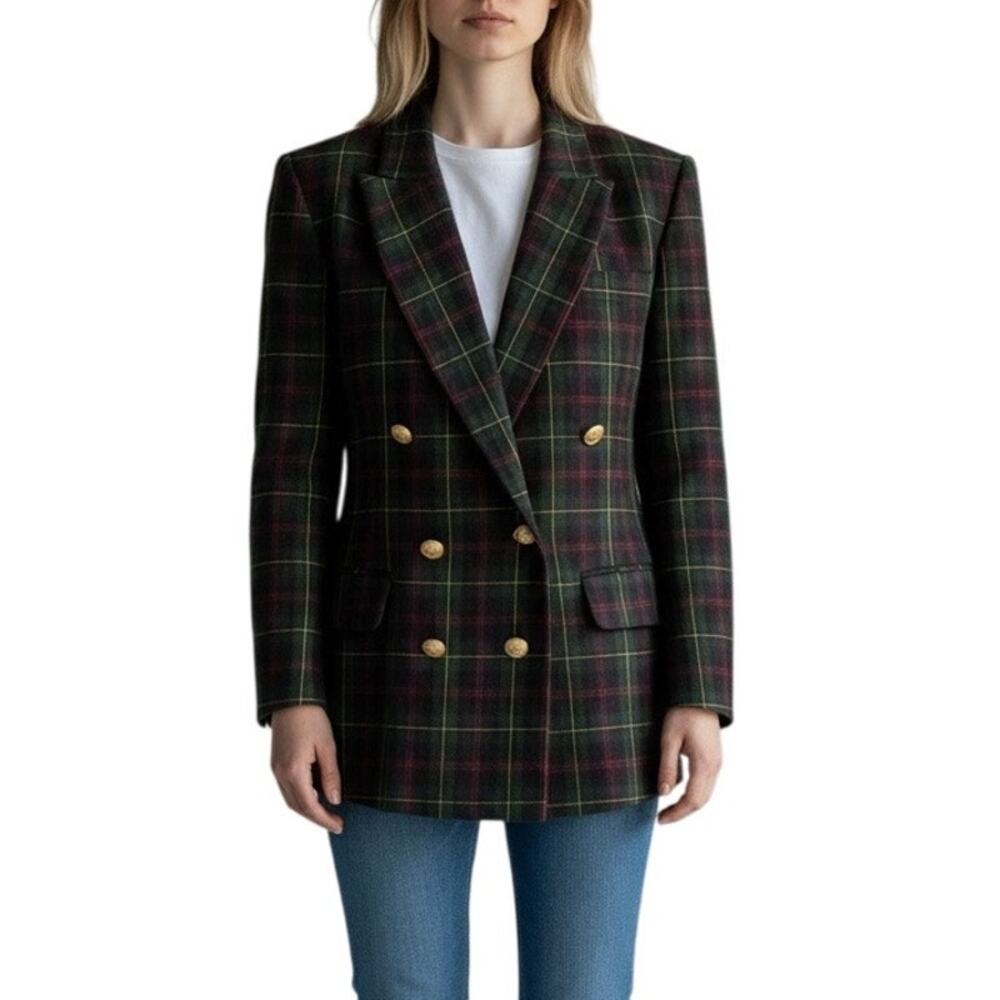 JH Collectibles Vintage Wool Plaid Double Breasted Lined Blazer Size 8